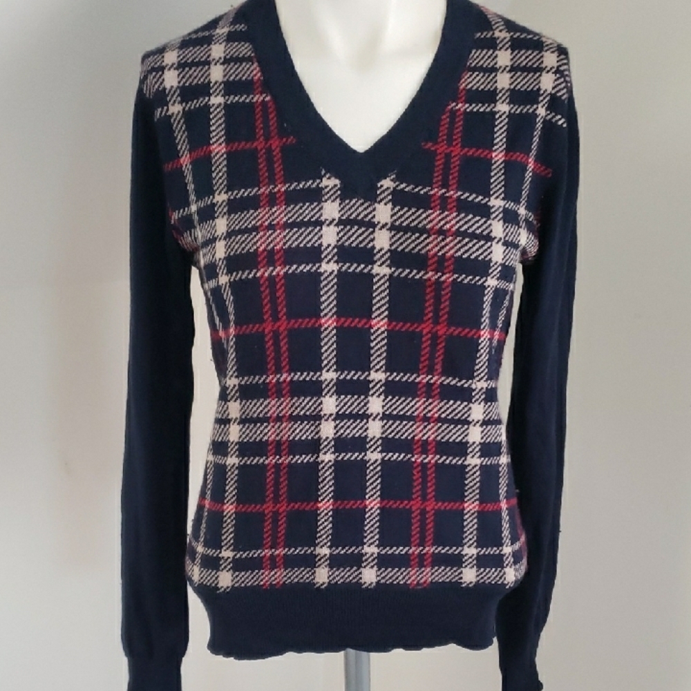 Brooks Brothers Womens Silk/Cashmere Blend V-Neck Sweater Navy/Tan/Red Plaid, M